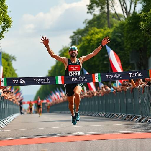 Atleta italiano che taglia il traguardo durante una maratona