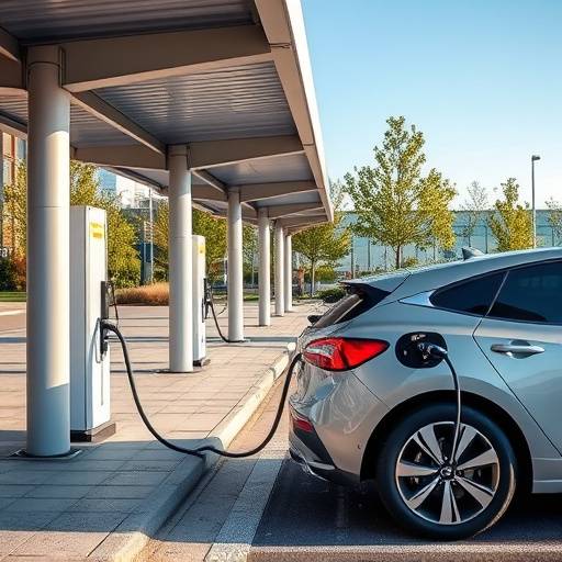 Auto elettrica che si ricarica in una stazione di ricarica pubblica.
