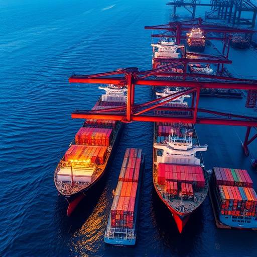 Foto di un porto con navi cargo che trasportano materie prime.