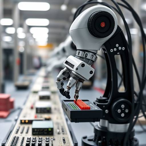 Robot che assembla componenti elettronici in una fabbrica italiana