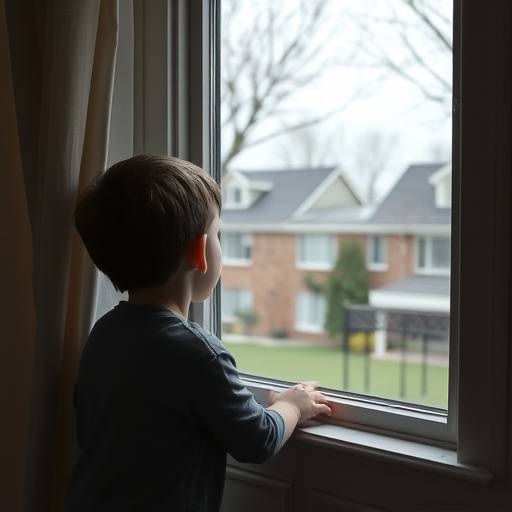 Un bambino che guarda fuori dalla finestra di una casa modesta in un quartiere periferico