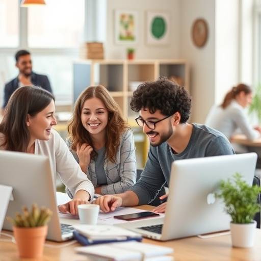 Un gruppo di giovani che lavorano a un progetto in uno spazio di co-working.