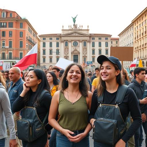 Un gruppo di giovani che partecipano a una manifestazione pacifica in una piazza italiana