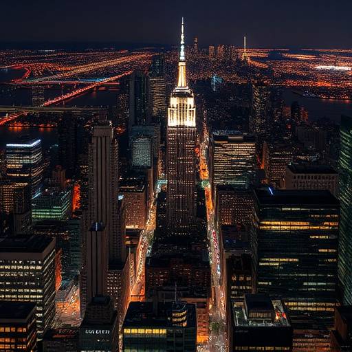 Veduta aerea di New York con grattacieli illuminati di notte