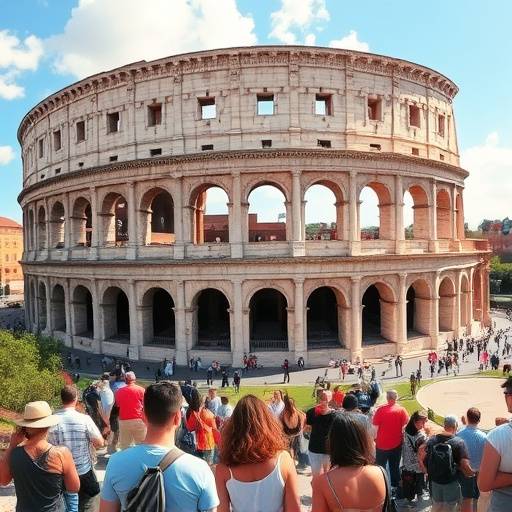 Vista panoramica del Colosseo a Roma, con turisti che lo visitano.